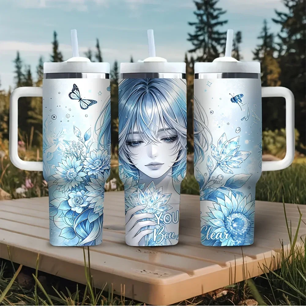 Outdoor Camping Anime - Tumbler 40oz dengan Pegangan, Motif Gadis